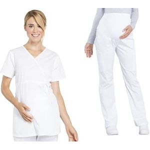 Cherokee Vrouwen Scrubs Set Werkkleding Professionals WW685 Zwangerschaps Mock Wrap Top & WW220P Zwangerschaps Rechte Been Broek, Wit - XS Top/XS Petite Broek