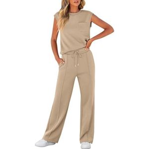 LLECDASEUI Dames zomer 2-delige outfits casual mouwloze sweatsuits bijpassende wijde pijpen trainingspakken lounge sets mode kleding, Kaki, S