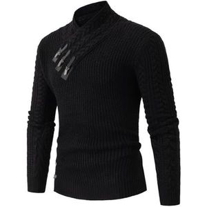 OUSHOP Heren Gebreide Trui Met Opstaande Hals, Casual Lange Mouw, Slim-Fit Trui, Kabelgeribbelde Trui,zwart,L