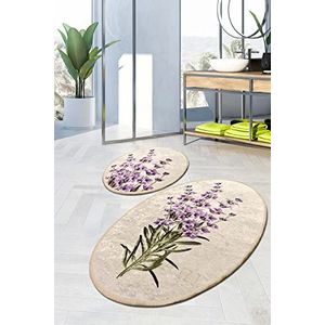 miqna 2-delige badkamertapijtenset – lavendelmotief, ovaal design, antislip onderkant, zacht en waterabsorberend badmat (lavendel, 60 x 100 cm - 50 x 60 cm)