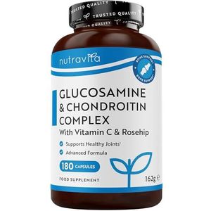 Glucosamine en chondroïtine complex 180 capsules met hoge concentratie - draagt ​​bij tot het behoud van een normaal immuunsysteem - met vitamine C, kurkuma, gember en rozenbottel - Nutravita