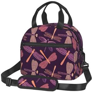 YJxoZH Paarse libelle print lunchtassen voor vrouwen, lekvrije geïsoleerde lunchbox, verstelbare schouderriem voor werk picknick