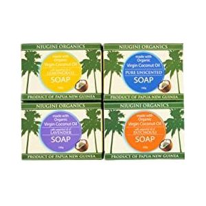 Gecertificeerde biologische zeep van NIUGINI ORGANICS gemaakt van 100% biologische kokosolie | Beter dan Fairtrade | Vegan Natural Soap Duurzame productie | Gemengd: Puur & Geurloos, Citroengras, Lavendel, Patchouli, 4 x 100g