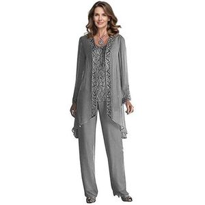 Dames moeder van de bruid broek pakken 3 stuks chiffon outfit sets voor bruiloft broek pak met jas grond moeder, Grijs, 34