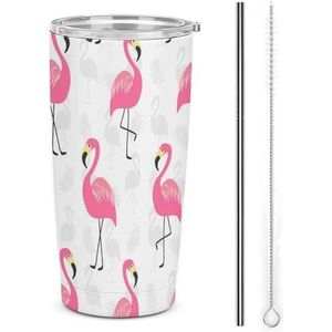 Cartoon Flamingo Reizen Koffie Mok Rvs Tumbler Met Deksel En Stro Geïsoleerde Cup Voor Auto Thuis 17oz