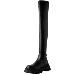 Smilice Damesmode ritssluiting lange laarzen winter plateau boven de knie laarzen met ronde neus, zwart, 37 EU