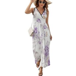 Lavendel paarse bloemenprint dames lange jurk mouwloze maxi-jurk zonnejurk strand feestjurken avondjurken L