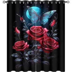 AEMYSKA Mooie rozen verduisterende tule gordijnen voor slaapkamer blauwe vlinder rode bloem thermisch geïsoleerde gordijnen kamer verduistering licht blokkerende gordijnen 106x111 cm