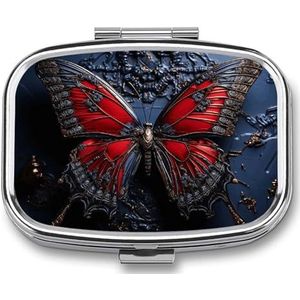 Rode Vlinder Gedrukt Draagbare Pil Container Reizen Pil Gevallen Met Spiegel 2 Compartiment Geneeskunde Doos Decoratieve Metalen Geneeskunde Voor Pocket Purse Reizen Dagelijks