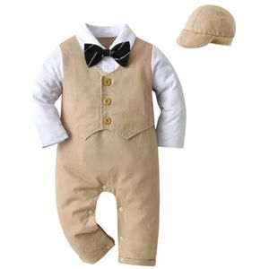 Lito Angels Baby Jongen Smoking Onesie Heren Rompertje Formeel Kostuum met Hoed Maat 68 Leeftijd 3-6 Maanden Markering 70, Kaki