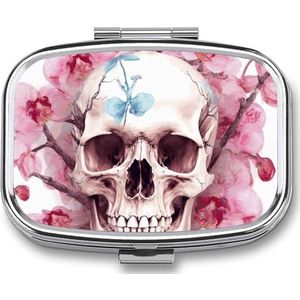 Reizen Draagbare Pillendoos met Spiegel Menselijke Schedel Roze Bloemen Gedrukt Rechthoekige Geneeskunde Doos 2 Compartiment Medicijn Case Vitamine Pil Organizer voor Visolie Supplementen