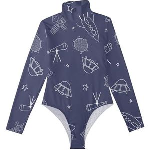 LI ZHI XIN Rompertjes met lange mouwen voor dames, eendelige jumpsuit met hoge hals, coltrui, turnpakje, top voor meisjes, dans, workout, fitness, bodysuit, ruimtevaartuig, UFO cartoonpatroon