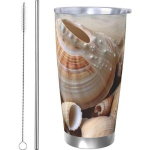 FHEBNDS 20oz beker met deksel en rietje, roestvrij staal geïsoleerde koffiemok, dubbelwandige vacuüm reizen thermische kopjes zeeschelpen aan de kust reismok lekvrije auto beker geschenken