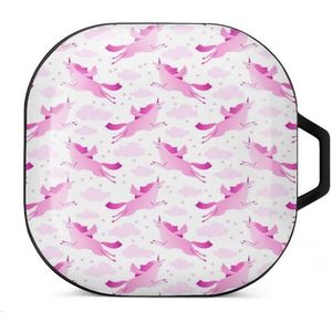 Roze en witte vliegende eenhoorns oordopjes hoesje compatibel met Samsung harde beschermhoes zwart stijl