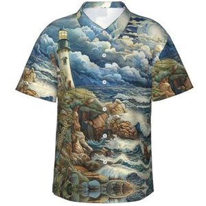 ERSDWRE The Seaside Lighthouse Print Heren Korte Mouw Button-Down Shirts Casual Zomer Strand Shirts Hawaii Shirt voor Mannen, Zwart, S