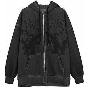 Vrouwen Zip Up Hoodie Y2k Vintage Grafische Oversized Hooded Sweatshirt Jas Grunge Jassen Harajuku Streetwear (Color : Black, Size : 3XL)