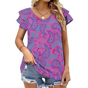 Blauw en roze paisley-patroon dames casual tuniek tops ruches korte mouwen T-shirts V-hals blouse T-shirt