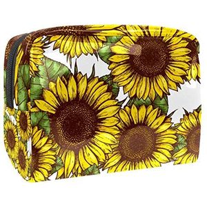 Draagbare make-up tas met rits reizen toilettas voor vrouwen handige opslag cosmetische zakje zonnebloem geel bloem patroon