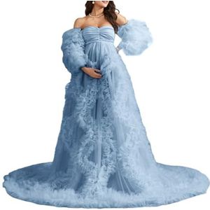 KIYNE Zwangerschapsjurk voor dames, voor fotoshoot, tule lingerie, zwangerschapsjurk voor babyshower, lange bruidsjurk, Dusty Blauw, 32