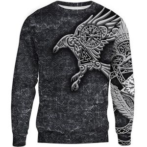 Noorse Mythologie Odin Raven Hoodie, Viking 3D Full Body Gedrukt Nieuwigheid Harajuku Rits Pullover Sweatshirt, Trekkoord met Lange Mouwen Plus Size Heidense Top(Color:Black Round Neck,Size:S)