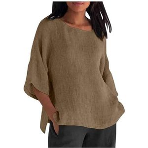 Vrouwen katoenen linnen blouse shirts zomer vrouwelijke O-hals driekwart losse effen tops dagelijkse casual kleding(Khaki,3XL)