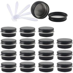 cosmetische potten 48 PC 10 ml Blauwe Lege Ronde Aluminium Blikken met Schroefdeksels Opslag Potten Cosmetica Containers Potten met 6 Spatel(Svart,15ml)