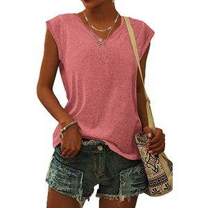 WNEEDU T-shirt Dames Zomer V Hals Tanktop Losse Blousetops Zomer Dames Luchtig met Kapmouwtjes Koraal M