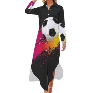 Gekleurde spatten met voetbalbal dames maxi-jurk lange mouwen knopen overhemd jurk casual feest lange jurken L