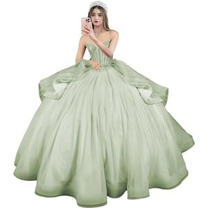 Fuomomo Quinceanera MT054 Jurken met spaghettibandjes, partyjurk met staart, Quinceanera kanten jurk met strik, Quinceanera tule met parels, Salie groen, 42