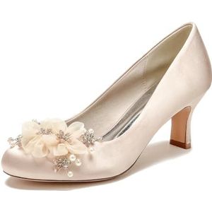EICOFF Dames Lage Kitten Heel Jurk Pumps Gesloten Teen Satijn Kant Strass Bloem Slip-op Trouwschoenen Bruids Bruiloft Party Schoenen,Champagne,36 EU