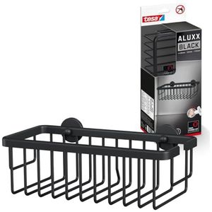 tesa ALUXX BLACK doucheplank voor wandmontage zonder boren, mat zwart - één verdieping en extra diep - voor badkamers in industriële stijl en moderne badkamer - met lijmoplossing -92 mm x 250 mm x 125