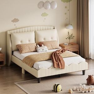 VSOGA Kinderbed, gestoffeerd bed, 140 x 200 cm, met lattenbodem, rugleuning en 2 grote kussens, tweepersoonsbed van PU-leer, voor volwassenen en jongeren, beige