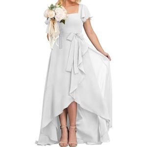 High-Low Prinses Bruidsmeisjesjurken Vierkante Hals Galajurk Chiffon Formele Avondfeestjurk met Mouwen, Wit, 34