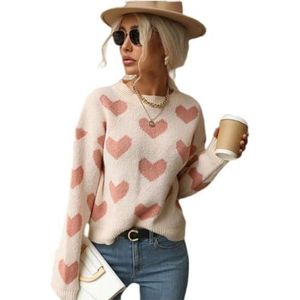 LXZSJEUEO Dames Casual Hartpatroon Trui Herfst Trui Lange Mouw Crew Gebreide Trui Trendy 2024, roze, L