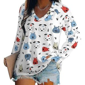 Kinderachtig patroon met honden vrouwen casual T-shirts met lange mouwen V-hals gedrukte grafische blouses Tee Tops XL