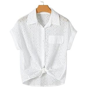dames topjes Overhemd met vleermuismouwen en oogjesborduursel for dames (Color : Wei�, Size : L)