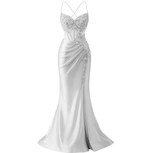 KIYNE Satijnen zeemeermin-galajurken met split voor dames, kant, appliqué, spaghettiband, formele feestjurk, baljurk, Zilver, 32