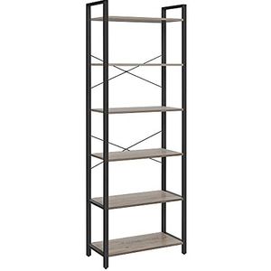 VASAGLE Boekenkast met 6 niveaus, opbergrek, stalen frame, voor woonkamer, studeerkamer, kantoor en gang, hoogte 186 cm, industriële vormgeving, grijs-zwart LLS062B02