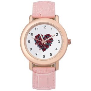 Rode roos liefde hart dames elegant horloge lederen band polshorloge analoge quartz horloges