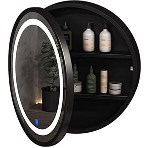 Ronde Spiegelkast Met Licht Badkamer Spiegelkast Zwarte Badkamer Kast Met Spiegel Wand Gemonteerde Ijdelheidsspiegel Met Opbergplank (S : 70cm/27.6inches)