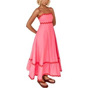 Dames zomer maxi-jurk casual boho mouwloze spaghettibandjes gesmokte lange strandzonjurken(Color:Pink A,Size:Small)