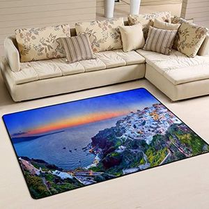 Gebied vloerkleed 100 x 150 cm, Santorini landschap eiland welkomstmat print woonkamer tapijt groot flanellen mat tapijt, voor achtertuin, woonkamer