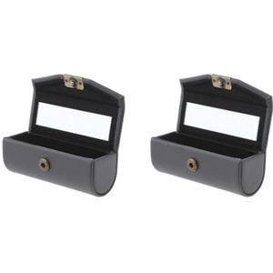 Lederen Lipstick Case Houder Opbergdoos Spiegel Portemonnee Pocket Lichtblauw Groen, 2 Set (diep grijs), 9 CM, als beschrijving