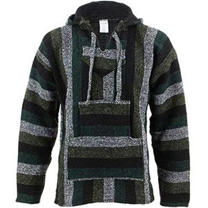 Siesta Mexicaanse Baja Jerga Natuurlijke en Zwarte Hippie Top Met Capuchon, Groen, 3XL