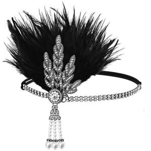 MKEMQXBEP Haarband met veren en strass voor dames, vintage stijl, accessoire voor bruid of feest (grijs zwart + zwarte veren 1 stuk)
