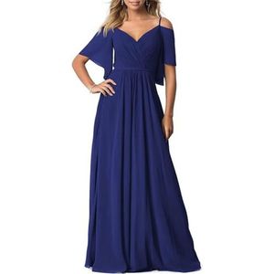 V-hals Lange Bruidsmeisjes Jurken Off Shoulder Chiffon A-lijn Geplooide Prom Jassen met Zakken YIAX209, koningsblauw, 48 grote maten