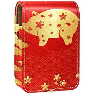 Draagbare Lipstick Case voor op reis, Mini Lipstick Opbergdoos met spiegel voor dames dames, lederen cosmetische etui varken rood, Meerkleurig, 9.5x2x7 cm/3.7x0.8x2.7 in