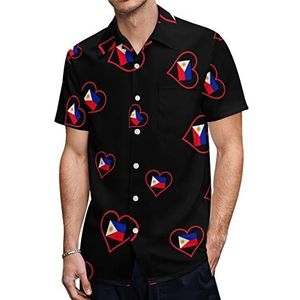 I Love Filippijnen Rood Hart Heren Hawaiiaanse Shirts Korte Mouw Casual Shirt Button Down Vakantie Strand Shirts 5XL