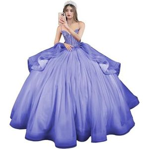 Fuomomo Quinceanera MT054 Jurken met spaghettibandjes, partyjurk met staart, Quinceanera kanten jurk met strik, Quinceanera tule met parels, Lavendel Deep, 38
