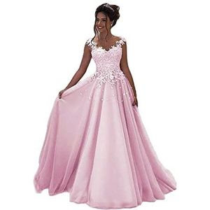 Beyonddress Avondjurken voor dames, lang, bruiloft, kant, prinses, mouwloos, bruidsjurk, baljurk, roze, 32